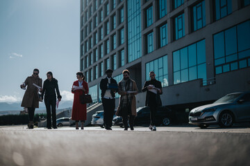 A team of diverse business professionals walking together outside a modern office complex, discussing and collaborating, suggesting teamwork, communication, and urban professional lifestyle.
