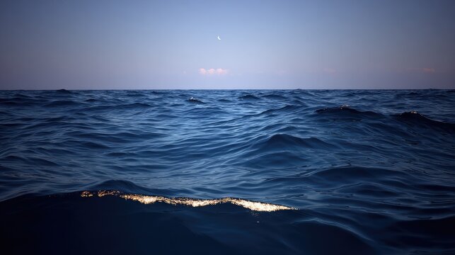 Calm ocean waves at twilight, moonlit horizon