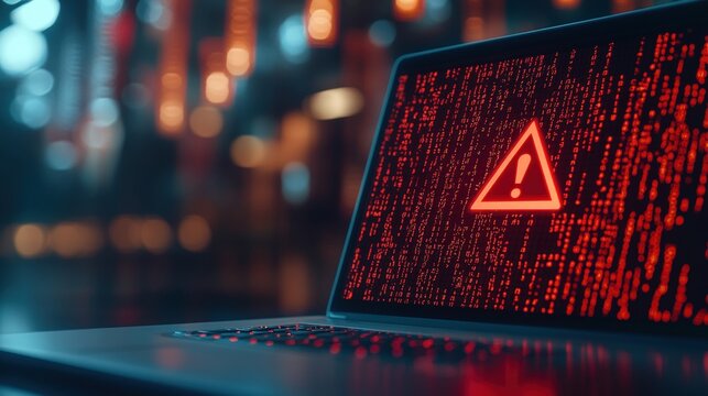 Laptop screen displaying red code and a warning triangle with an exclamation mark, suggesting a cybersecurity alert or malware breach; blurred bokeh lights in the background.