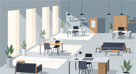 Naklejka premium Modern co-working space with natural light and office desks, creating a productive work environment for collaboration and innovation