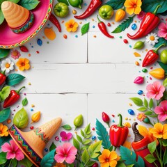 Colorful Mexican Theme with Flowers, Hats, Peppers, and Decorative Elements