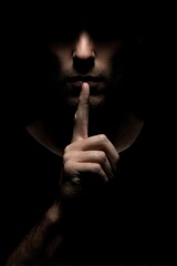 Evil man gesturing silence, quiet isolated on black background