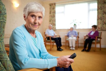 Senior woman in assisted living facility holding tv remote control enjoying retirement home life