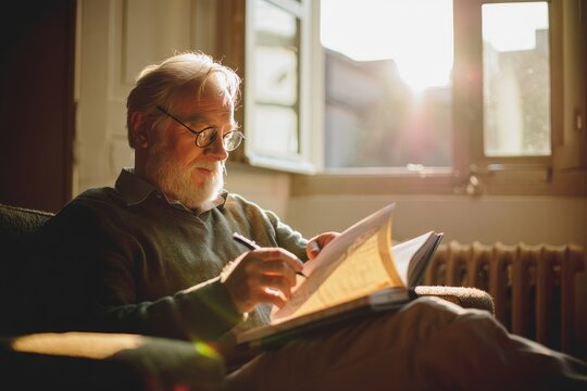 Senior man reading book writing notes at home near window in sunlight lifestyle concept