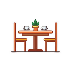 Table Setting with Coffee Cups and Potted Plant, Two Chairs, Cozy Minimalist Design