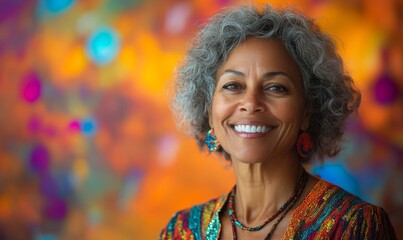 Capture a studio portrait of a smiling woman with glowing skin, set against a colorful abstract background to create a vibrant mood, Generative AI