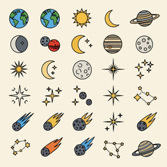 Cosmic wonders: Explore the universe with vibrant planets, stars, and celestial bodies for designs
