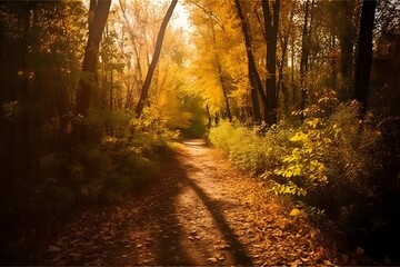 Obraz premium Golden Hour Autumn Path Bathed in Soft Sunbeams Through Forest Canopy and Littered with Warm-Hued Falling Leaves