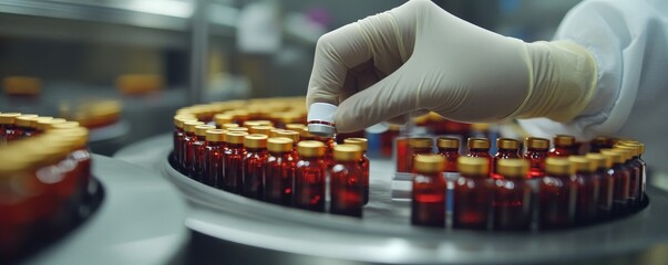 Capture a close-up image of a hand in sanitary gloves checking medical vials on a production line at a pharmaceutical factory, Generative AI