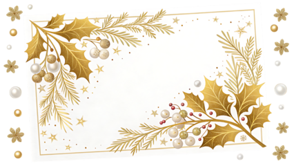 Elegant christmas frame with golden holly leaves