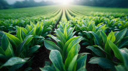 Obraz premium Close-up endless green crop rows.