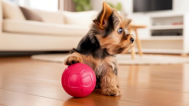Yorki Puppy Playing With Pink Ball On Floor In Fun Joyful Expression