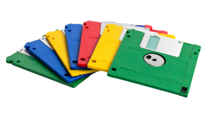 Small, colorful floppy disks with a 90s design.