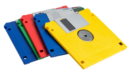Small, colorful floppy disks with a 90s design.