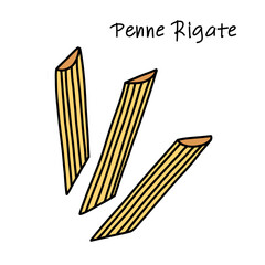 Penne with longitudinal stripes hand drawn, italian pasta isolated on white