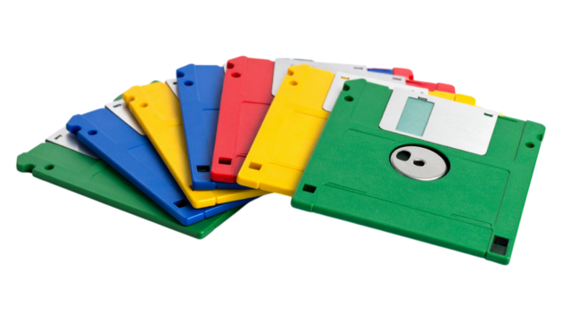 Small, colorful floppy disks with a 90s design. - Powered by Adobe