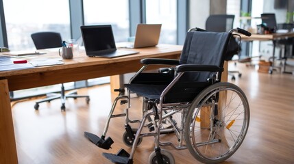Modern ergonomic workspace with wheelchair beside sleek wooden desk and laptop bathed in natural afternoon light, emphasizing accessibility and contemporary office design