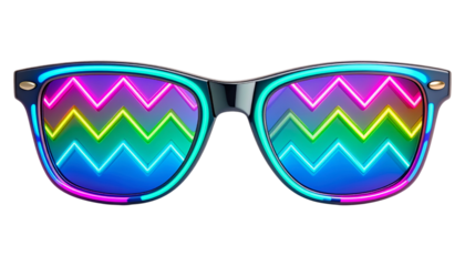 90s-style neon sunglasses with zig-zag frames and reflective lenses.