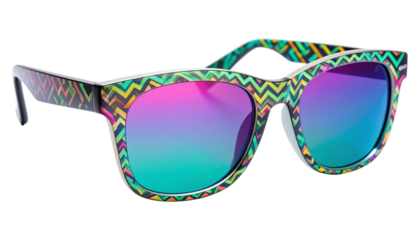 A pair of 90s-style neon sunglasses with zigzag frames and reflective lenses