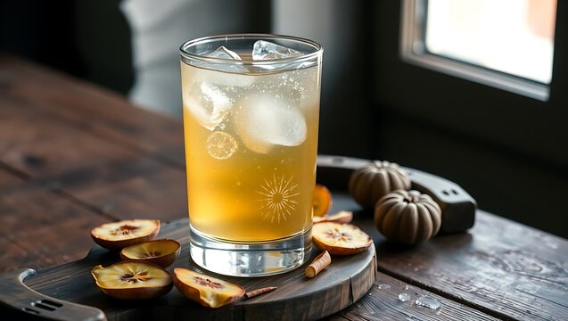 Glass of Es Jeruk on a rustic wooden tray with scattered jeruk nipis halves and peels, soft natural light from the side, condensation and melting ice, warm tone