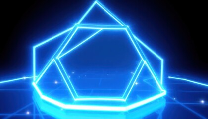 Vibrant blue neon geometric structure glowing in a futuristic digital space, symbolizing technology, innovation, and interconnected data.
