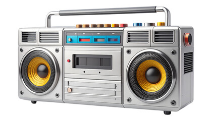 Fototapeta premium retro 90s boombox stereo, silver with colorful speaker grills and cassette deck