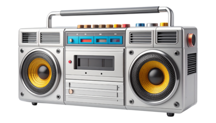 retro 90s boombox stereo, silver with colorful speaker grills and cassette deck