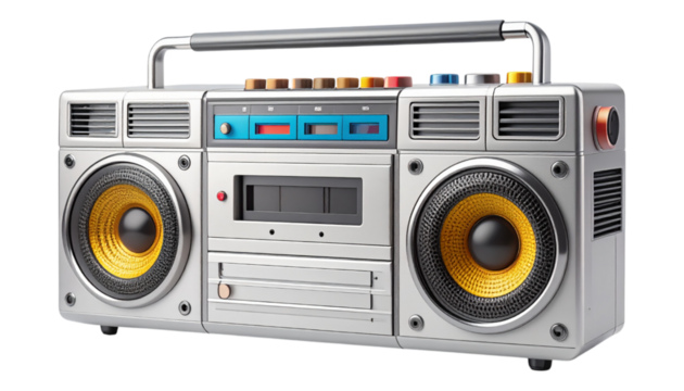 retro 90s boombox stereo, silver with colorful speaker grills and cassette deck