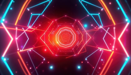Vibrant neon abstract background with geometric lines and glowing dots creating a futuristic tunnel. Ideal for technology, digital art, or entertainment.