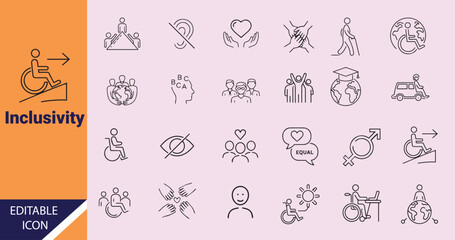 Assorted inclusivity linear icons showing wheelchair access, global unity and diversity on a light background