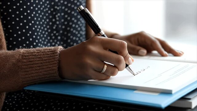 Close-Up of Person's Hands Signing Business Document with Pen on Blue Folder