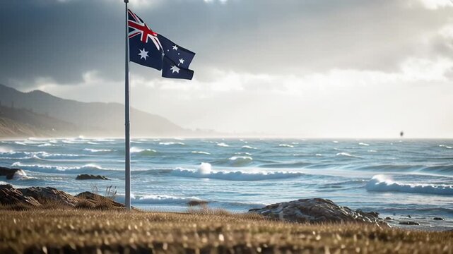 Australian flag waves above a rocky coastline with crashing waves and distant mountains