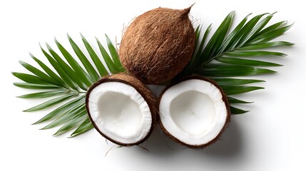 Fresh Whole and Cut Coconut with Palm Leaf on White Background