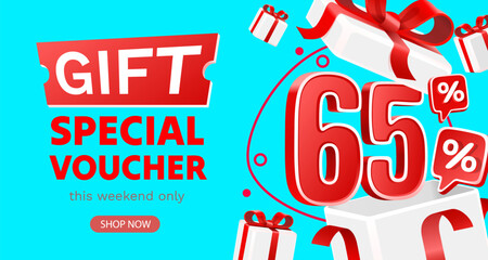 65 percent gift, Special voucher, gift box. Sale banner and poster. Vector illustration