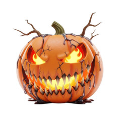 3d spooky jack o lantern with twig accents isolated on transparent background
