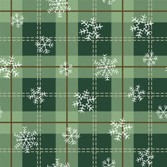 Seamless Green Christmas Plaid With Snowflakes