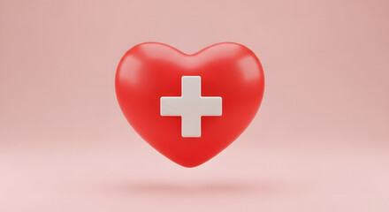 Obraz premium 3D Rendered Red Heart with White Cross Symbol on a Light Pink Backdrop