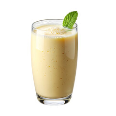 Photo of a refreshing yellow smoothie in a tall glass, garnished with a fresh mint leaf, isolated on transparent background