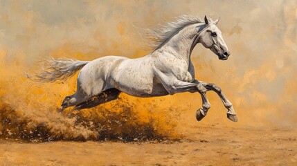 A dynamic white horse in a cloud of dust against a golden background, symbolizing freedom and movement — relevant for sports brands, car advertising, motivational posts, and adventure book covers.