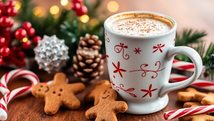 Gingerbread latte in a festive cup with gingerbread cookies and candy canes nearby, Christmas holiday setting