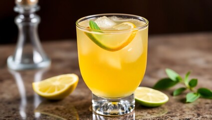 Fototapeta premium Ginger-lime fizz mocktail in a vintage coupe glass, bright citrus hues and subtle sparkle