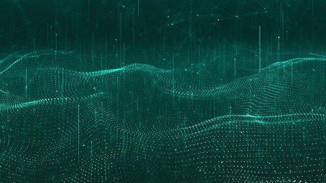 Digital animation flowing dotted waves using interconnected grid lines. for futuristic tech visuals, AI motion graphics, science backgrounds, neural network simulations, big data interfaces.