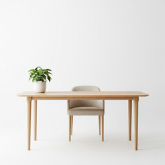 Minimalist Scandinavian Home Office Desk with Potted Plant, Isolated on White Background, Printable Modern Wall Art, Workspace Decor

