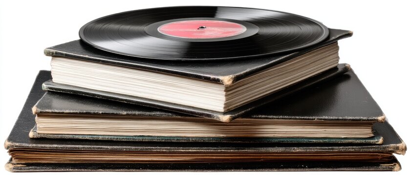 A vinyl record sits atop a stack of vintage record albums with worn edges, evoking nostalgia and classic music vibes