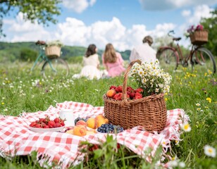 picnic in the parkVintage summer picnic scene with checkered blankets, wicker baskets full of fresh fruits,