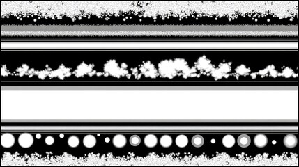 Abstract monochrome graphic with layered horizontal bands, speckled edges, and circles