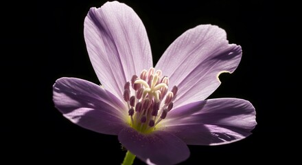 Obraz premium A beautiful single purple flower isolated on a black background. Macro shot showing delicate petals and details. Elegant floral nature concept.
