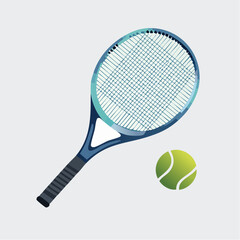 Flat vector icon of a blue tennis racket and a yellow ball for sports competition and active lifestyle leisure