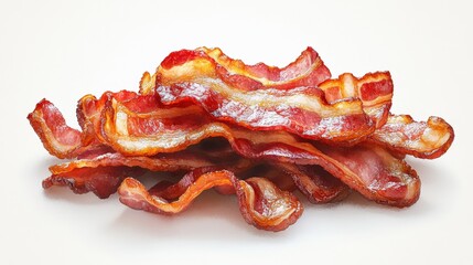 Stack of crispy cooked bacon strips on a white background, golden-brown and glistening with rendered fat.