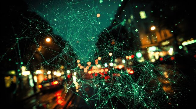 City night blurred view, overlaid with network graphic